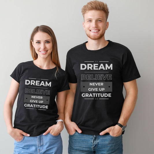 Dream Believe Never Give Up & Gratitude Tees - DBNG Lifestyle - Black Unisex T-shirt - Positivity - Inspiring Motivation - Keys of Success