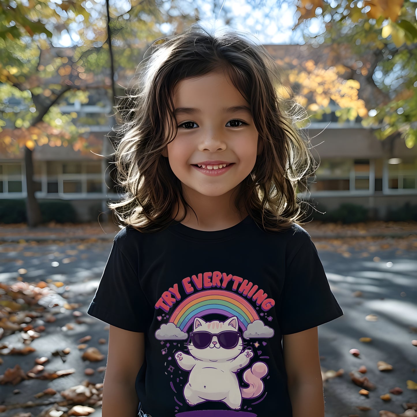 Try Everything Kids Organic T-Shirt – Cool Cat & Rainbow Design