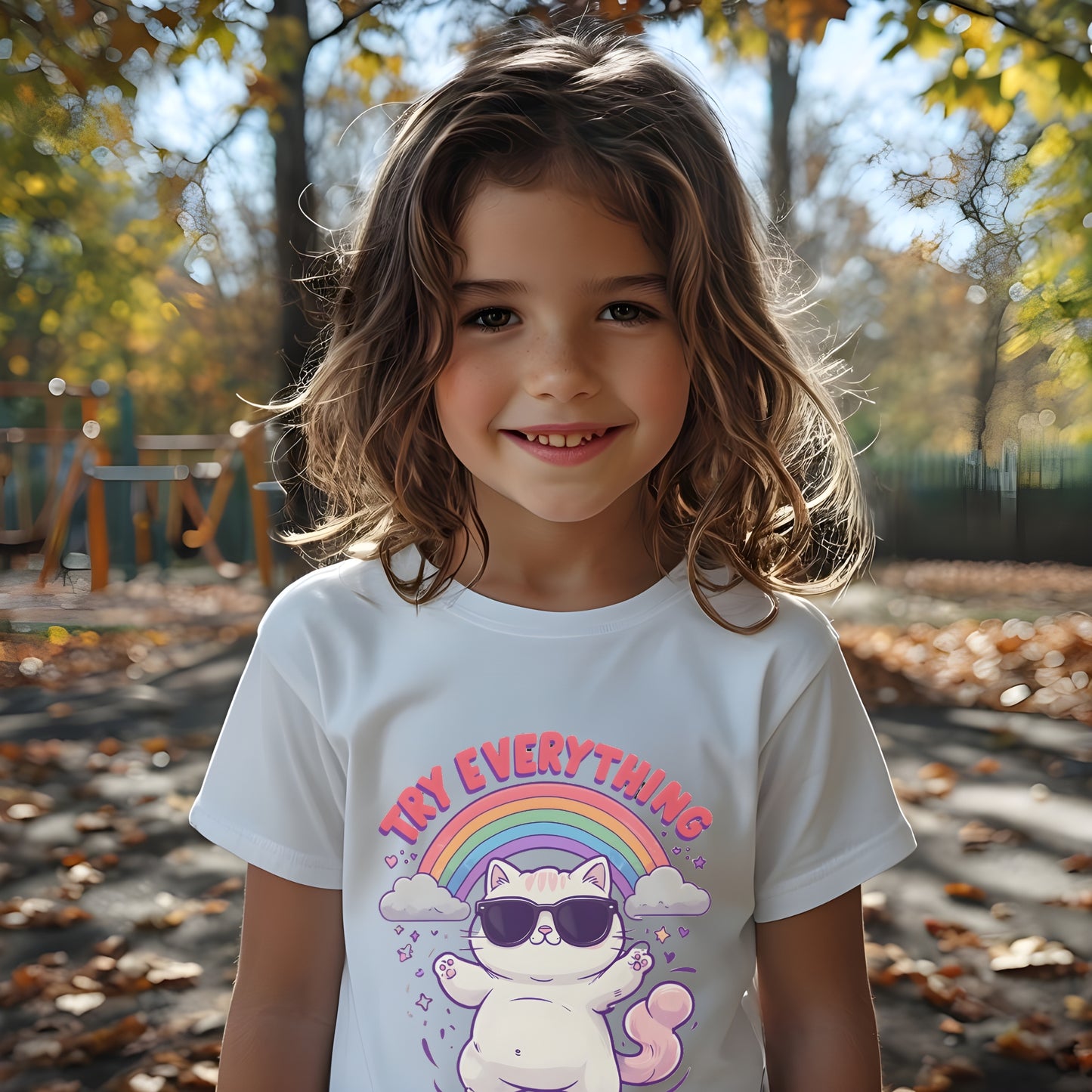 Try Everything Kids Organic T-Shirt – Cool Cat & Rainbow Design