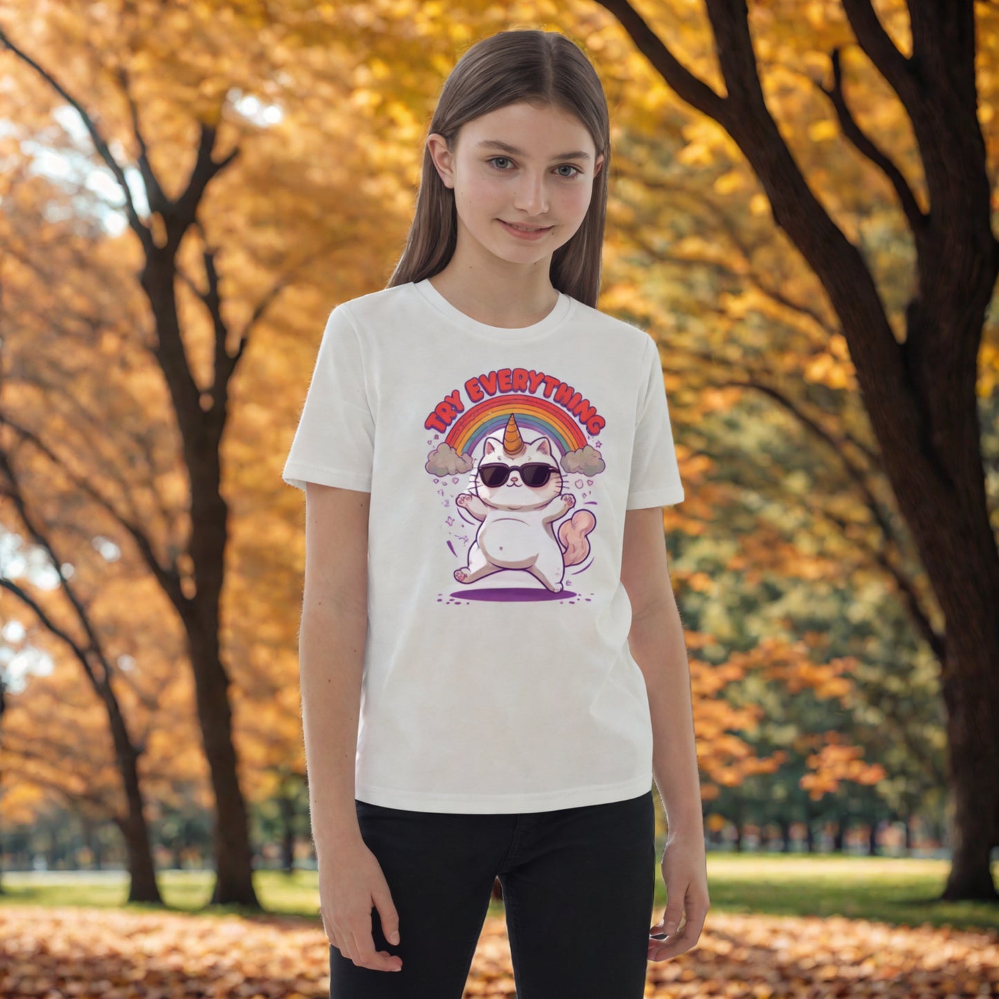 Try Everything Kids Organic T-Shirt – Cool Cat & Rainbow Design