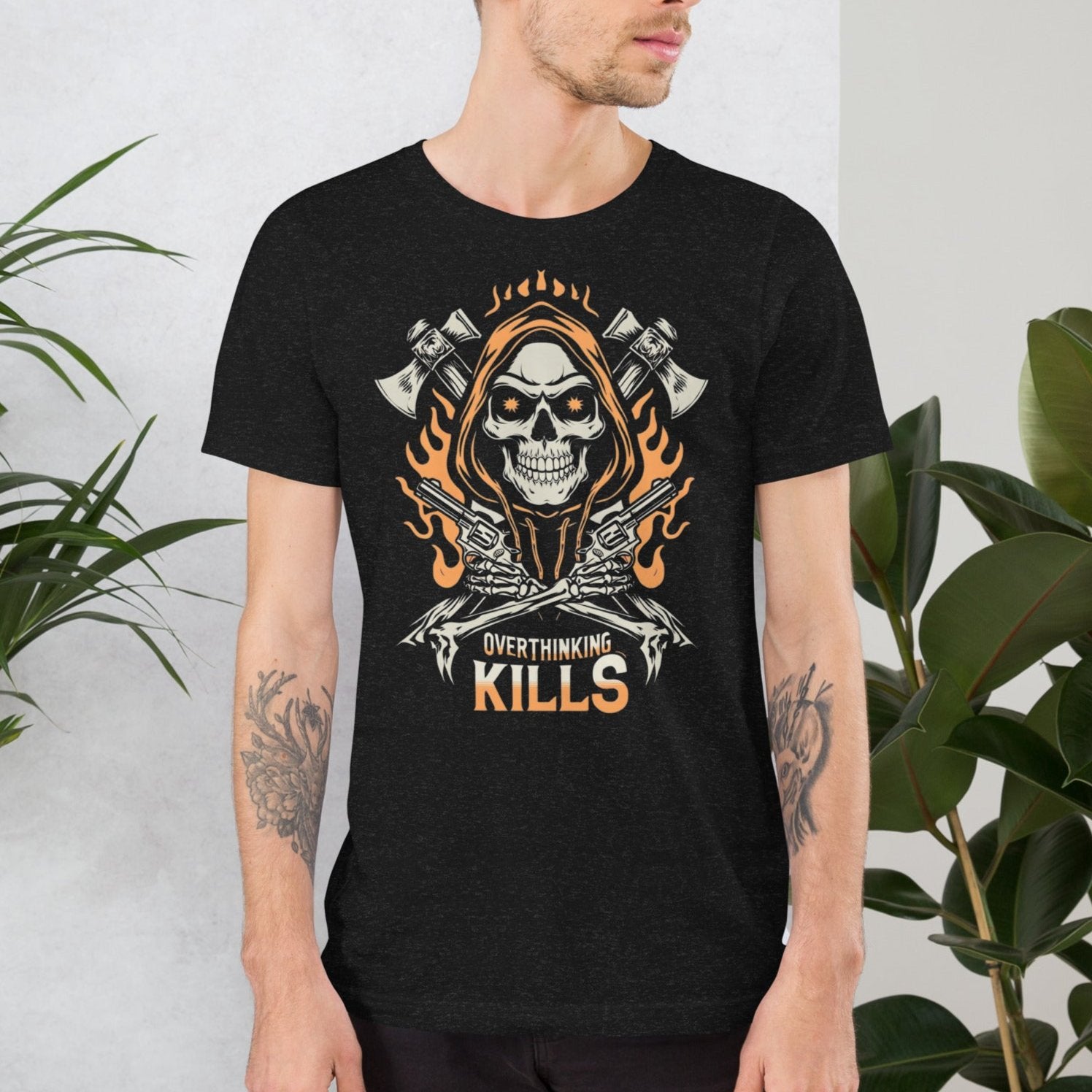 skull tee, overthinking, motivation, inspiration, positive affirmation, black, black heather, cotton shirt, unisex